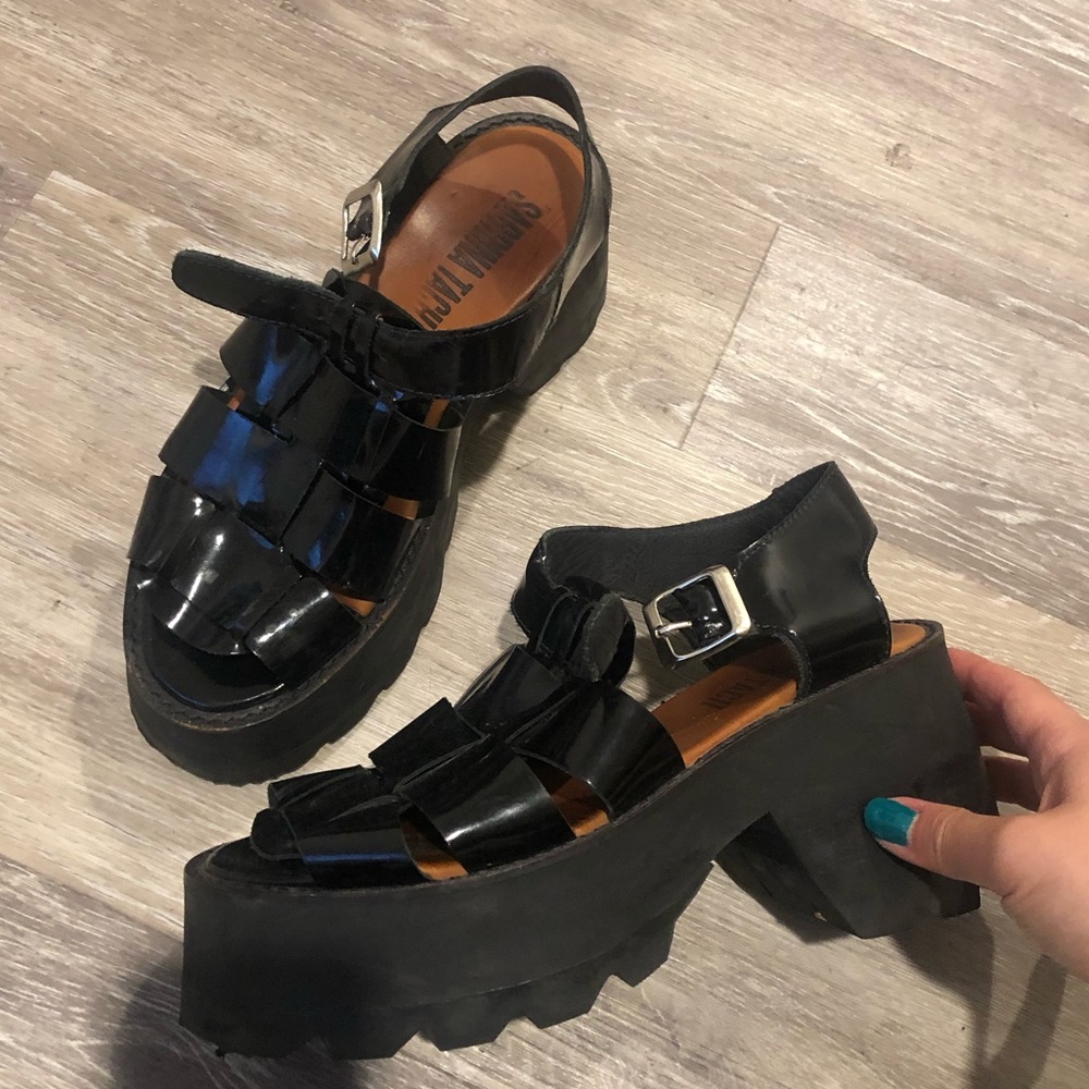 Black vinyl platform sandals